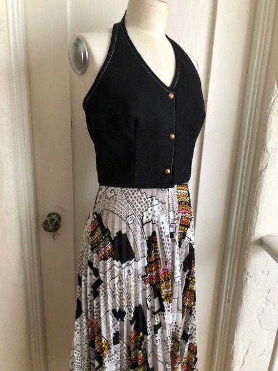 VINTAGE 1970'S DRESS-Black halter with floral ski… - image 2