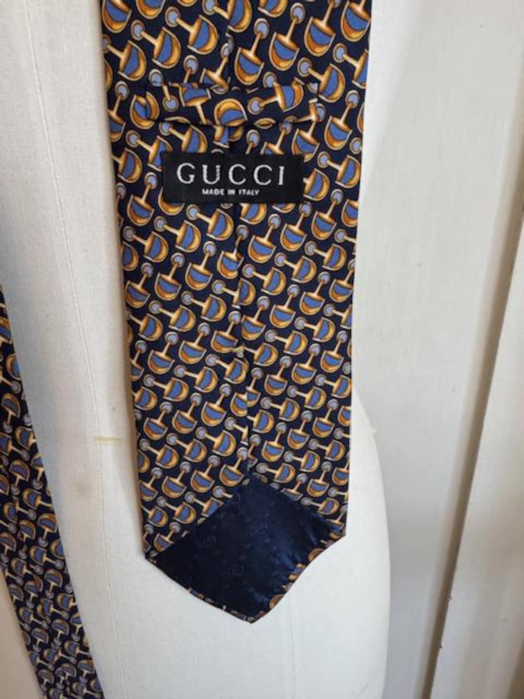 80年代ヴィンテージ ブルー グッチ シルク ホースビット ネクタイ