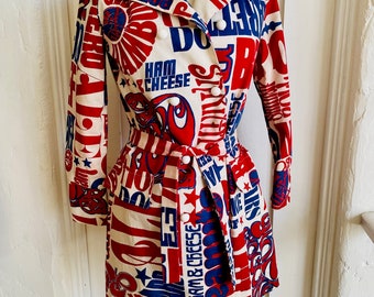 RARE Vintage Mod 1960's Pop Art  NY YANKEES Psychedelic Food Double Breasted Trench