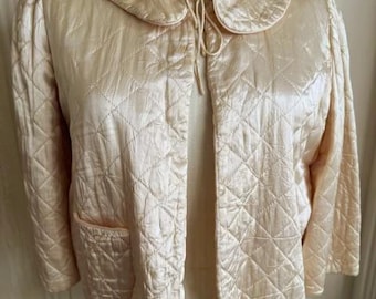 Vintage Ivory Peach Satin Quilted Bed Jacket Size Large