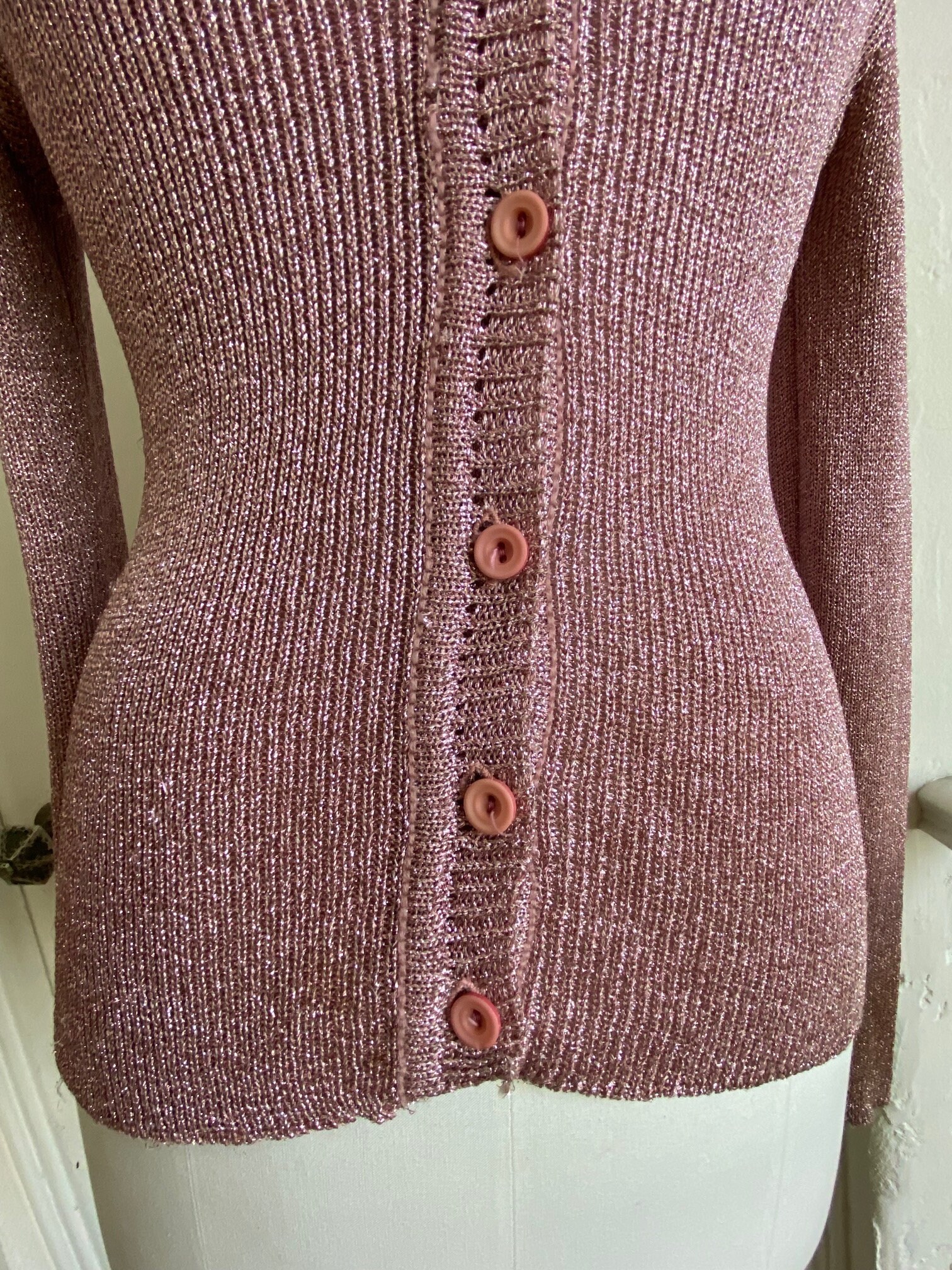 Renee Tener for Outlander 1970's Pink Lurex Cardigan Sweater