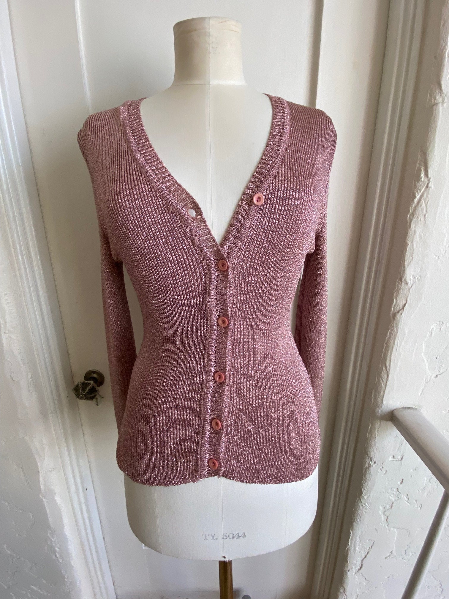 Renee Tener for Outlander 1970's Pink Lurex Cardigan Sweater