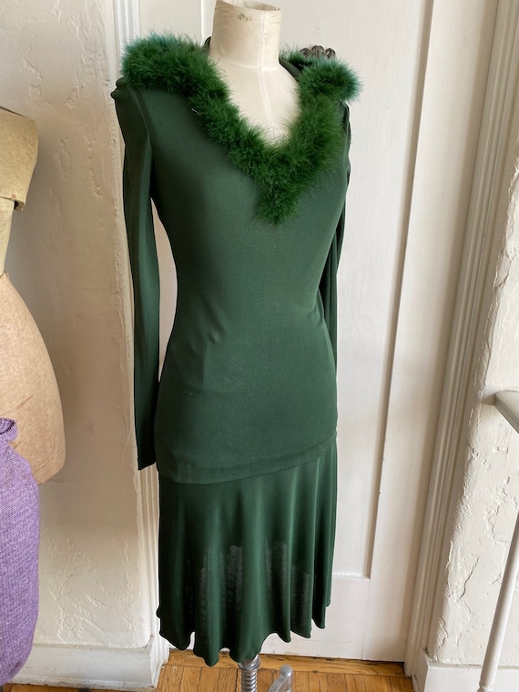 1970s HELGA HOWIE Forest Green Knit Set w Swan Fea