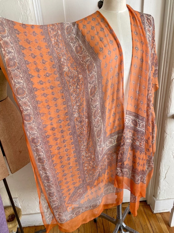 Viintage SILK CHIFFON Orange Paisley Kimono Duste… - image 1