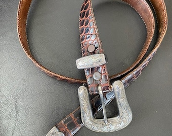 Vintage Tooled Leather Belt: Alpaca Silver Steer Head Buckle 