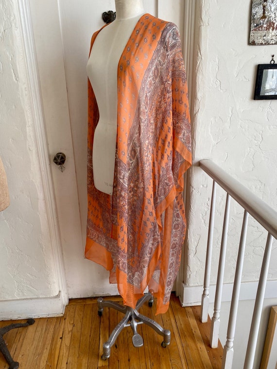 Viintage SILK CHIFFON Orange Paisley Kimono Duste… - image 5