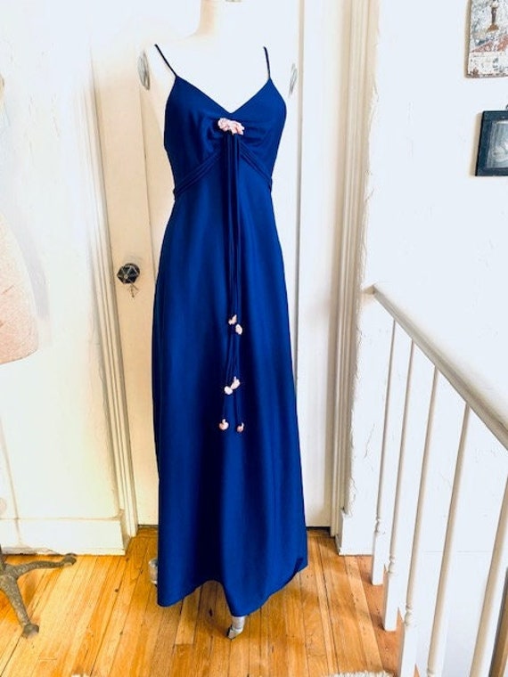 60’s 70’s Long Blue Knit Floral Maxi Dress
