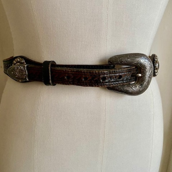 Vintage TONY LAMA Leather and Silver Concho Western Belt Sz 30