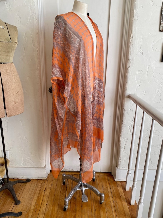 Viintage SILK CHIFFON Orange Paisley Kimono Duste… - image 2