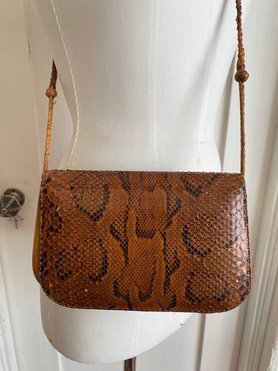 Vintage 70's Brown Snakeskin Leather Handbag - image 7