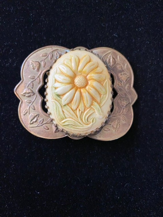 Vintage Victorian Brass and Celluloid Floral Belt Buckle - Etsy display picture 3