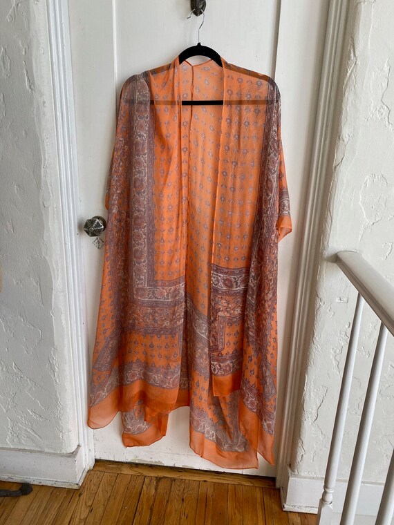 Viintage SILK CHIFFON Orange Paisley Kimono Duste… - image 7