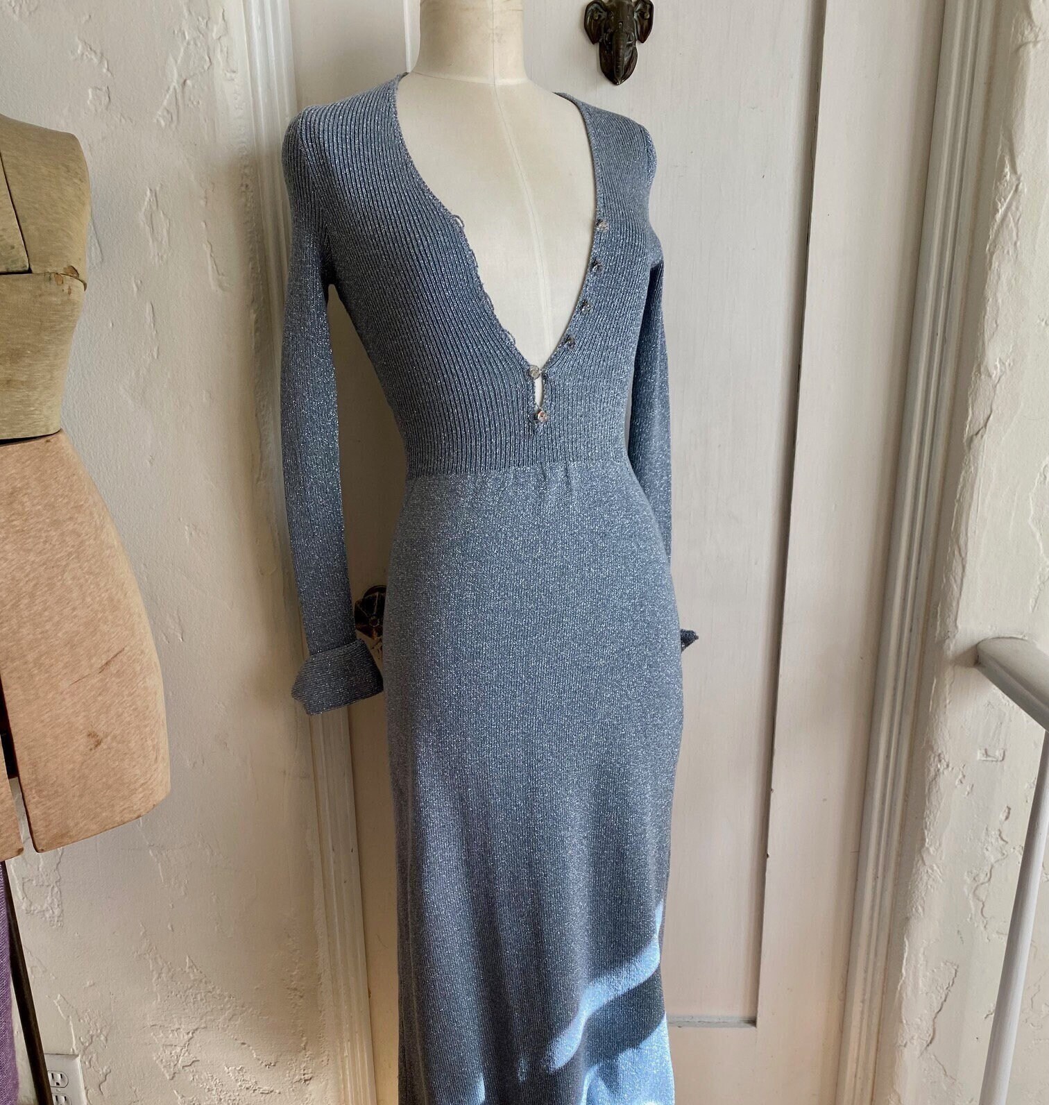 RARE Vintage I Magnin & Co Blue Silver Knit Lurex Long Sleeve Maxi Dress Size S