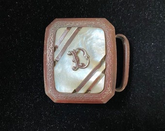 Vintage 1925 Art Deco Mother of Pearl Nickel Silver Kantslip "D" Belt Buckle