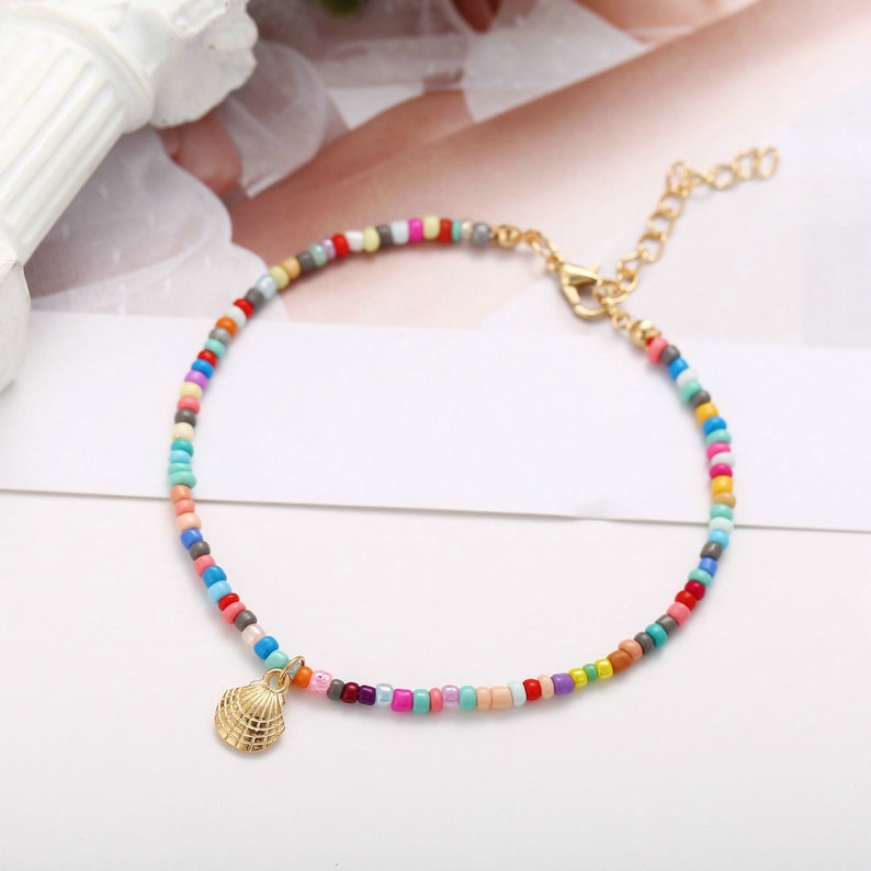 Fashionable Alloy Shell Rice Bead Anklet Colourful Beaded Style Gold lobster