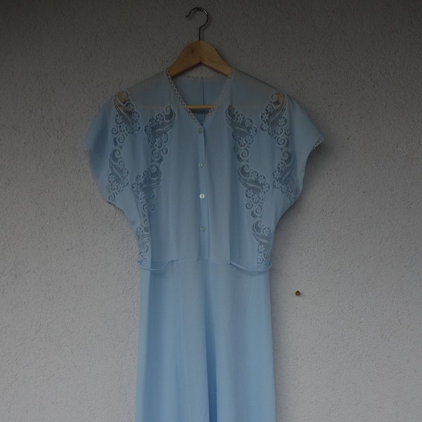 Vintage light blue slipdress with floral pattern size S floral pattern dress with lace retro oldschool