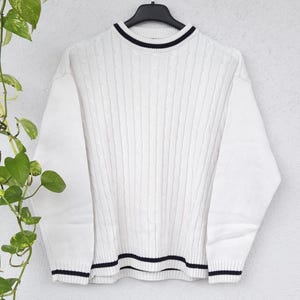 Pull vintage années 90 en maille torsadée de Pablo - Taille homme L - Pull blanc à motifs, col rond - Tricot rétro