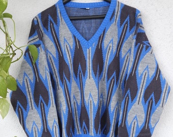 Vintage Sweater mit Karomuster made in italy boho stil Gr. S blau grau Pullover Sweatshirt retro 80s 90s style