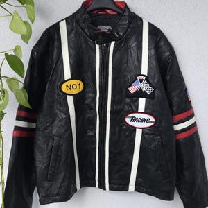 Vintage Lederjacke Bikerjacke Echtleder Jacke Diamond Plate Genuine Leather Gr. L Motorrad schwarz mit Patches Patchwork style retro 80s 90s