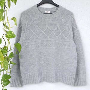 Puede incluir: Un suéter gris claro con cuello redondo y detalles de rombos. El suéter está colgado en una percha negra contra una pared blanca. Las mangas y el dobladillo tienen detalles acanalados. Una planta verde con hojas amarillo-verdes está en el fondo.