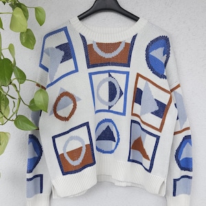 Vintage Strickpullover von edc abstrakter Sweater - Damen Größe L - weiß blauer boho Pullover retro