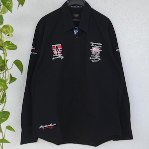 Camisa vintage de los 90 de Paul & Shark Yachting con bordados y parches, talla L, negra, manga larga, estilo retro.