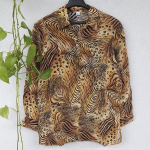 Vintage dierenprint blouse shirt lange mouw zomer shirt dames maat 40 (L) retro jaren 80 90 hippie shirt