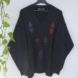 Vintage Strickpullover von Frank Alexs mit V-Ausschnitt - Herren Größe 56 (XXL) - abstrakter Sweater mit V-Neck - retro 90s