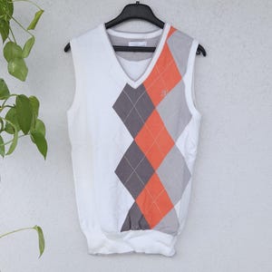 Vintage 90er Pullunder Strick von Brax Golf - Herren Größe M - weiß checkered ärmellose Weste V-Neck Sweater - retro knitwear