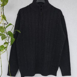 Vintage 90s Strickpullover grau mit Zopfmuster - Herren Größe XL - Strick Sweater mit Zipper - retro