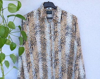 Vintage 90er Animal Print Bluse Langarm Sommer Hemd Shirt Damen Gr. 44 (XXL) retro Kurzarmshirt short sleeve 80s 90s