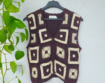 Gilet au crochet Y2k avec motif de taille Hennes. 40 (L) gilet sans manches beige marron pull col V vintage années 90