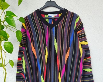 Vintage Pullover von Giorgio Cavalli boho Sweater Strickpullover Gr. M-L (48/50) bunter Streifen Pulli retro style 80s 90s