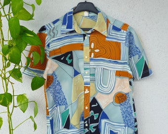 Vintage Sommershirt Bluse Hemd Shirt Damen Gr. 38 (M) retro crazy pattern Kurzarmshirt short sleeve 80s 90s