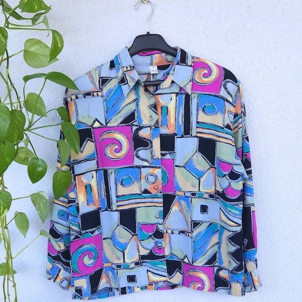 Vintage 90s blouse crazy pattern shirt long sleeve shirt summer women's size. 44 (XXL) retro 80s 90s hippie shirt