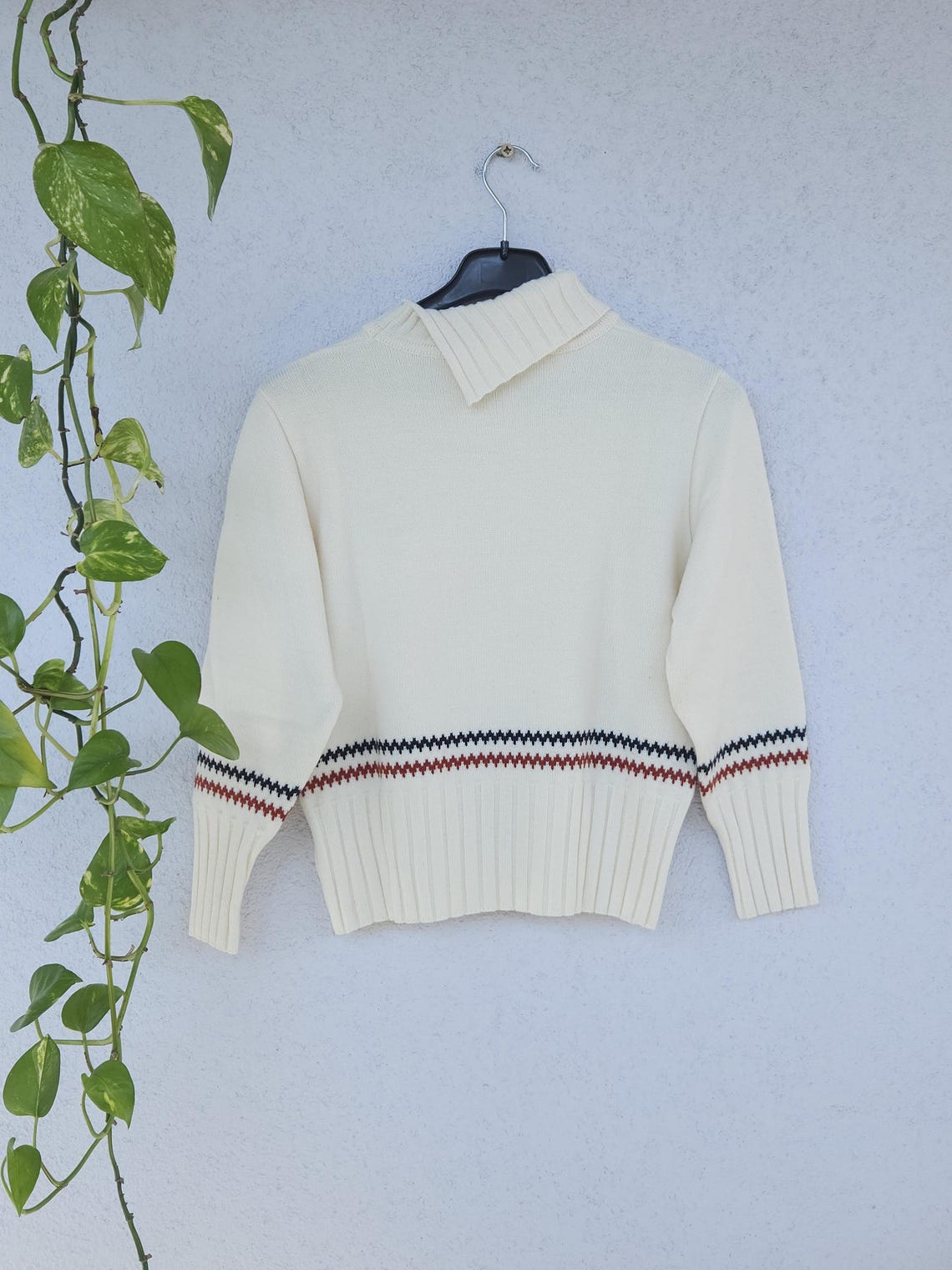 Vintage 90s Strickpullover mit Rollkragen von Kelch - Damen Größe 40 (L) - knitted Merinowolle Sweater mit Streifen, foto 2 di 5