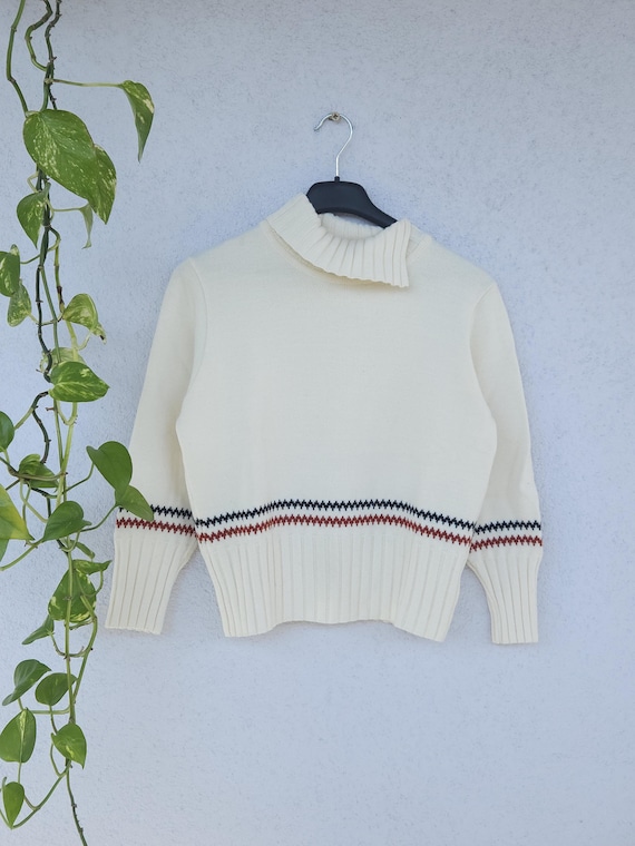 Vintage 90s Strickpullover mit Rollkragen von Kelch - Damen Größe 40 (L) - knitted Merinowolle Sweater mit Streifen