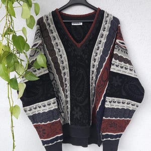 Vintage Carlo Colucci knitted sweater thick sweater in boho style size XL black grey red sweater oversized retro style 80s 90s