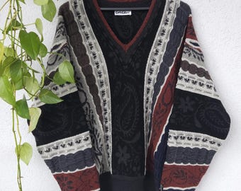 Vintage Carlo Colucci Strickpullover dicker Sweater im boho Stil Gr. XL schwarz grau rot Pullover oversized retro style 80s 90s