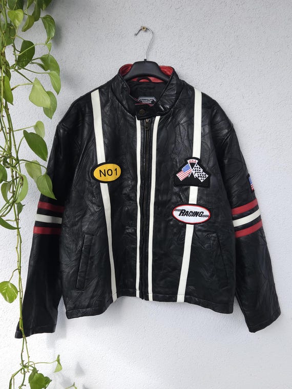 Vintage Lederjacke Bikerjacke Echtleder Jacke Diamond Plate Genuine Leather Gr. L Motorrad schwarz mit Patches Patchwork style retro 80s 90s