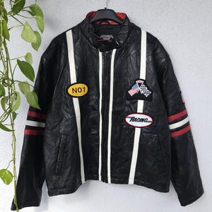 Vintage leather jacket, biker jacket, real leather jacket, Diamond Plate Genuine Leather, size L, motorcycle, black with patches, patchwork style, retro 80s 90s