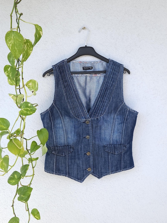 Vintage y2k Jeansweste von Blind Date - Damen Größe 44 (XXL) - ärmellose denim Jacke mit Taschen - blau dark wash