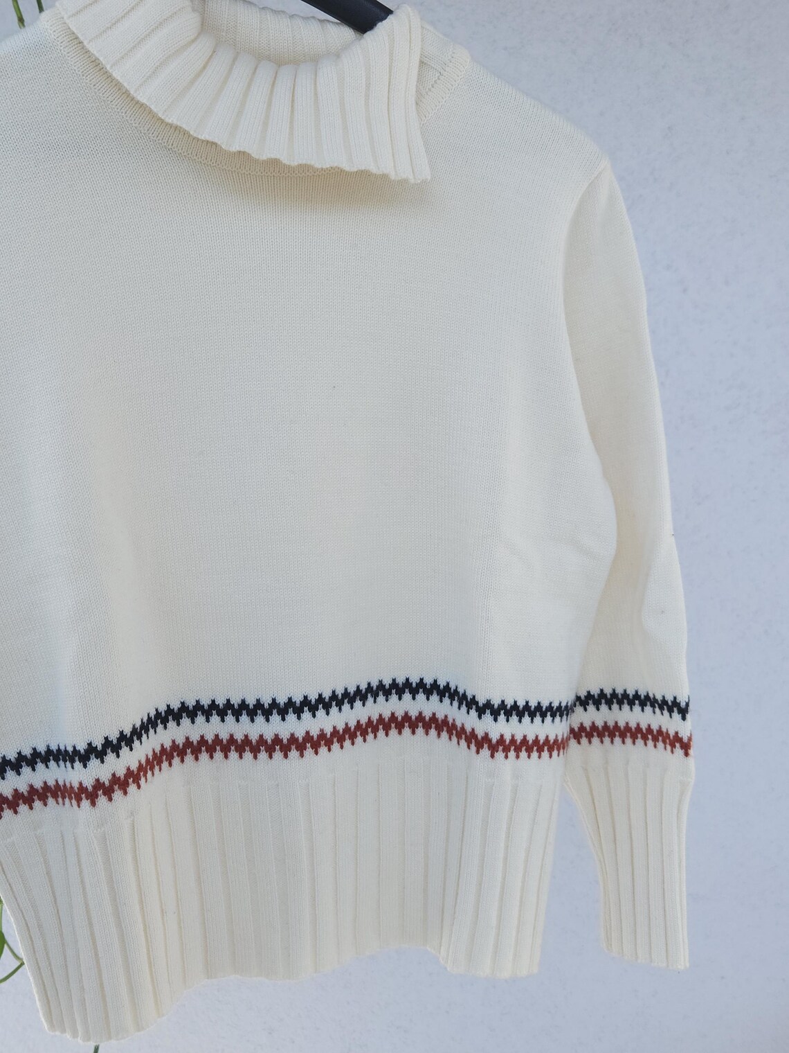 Vintage 90s Strickpullover mit Rollkragen von Kelch - Damen Größe 40 (L) - knitted Merinowolle Sweater mit Streifen, foto 3 di 5