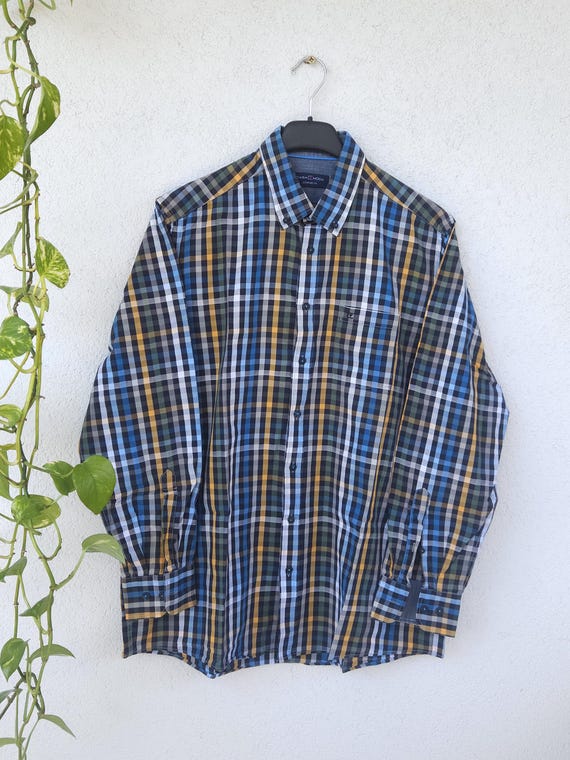 Vintage 90er Hemd kariert von Casa Moda - Langarm Herren Größe XL - blau weiß gelbes Shirt - casual