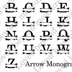 May include: A set of black and white alphabet letters with arrows on either side. The letters are in uppercase and are arranged in alphabetical order. The text "Arrow Monogram" is at the bottom of the image.