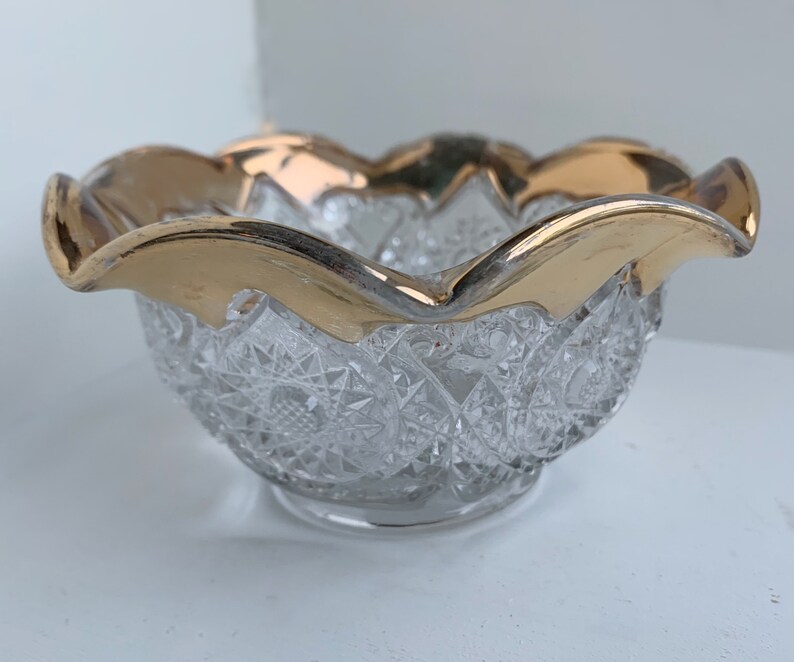 Vintage Glass Bowl With Gold Ruffled Edge Etsy