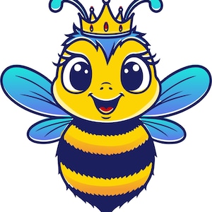 Puede incluir: Ilustración de dibujos animados de una abeja sonriente con una corona dorada. La abeja tiene ojos grandes, alas azules y un cuerpo a rayas amarillas y negras. La abeja sonríe con la boca abierta.