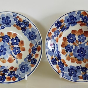 Könnte beinhalten: Zwei Keramikschalen mit floralem Design. Die Schalen haben einen weißen Hintergrund mit blauen Blumen und braunen Blättern. Die Ränder sind blau. Die Schalen werden auf weißen Ständern präsentiert.