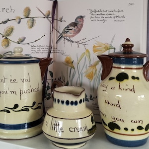 Op de afbeelding: Drie keramische kannen en een kleine creamer met bruine handvatten en blauwe accenten. De kannen hebben handgeschreven zinnen, waaronder "Daunt ee val all you'm pushed" en "Say a kind word when you can". Op de achtergrond staat een boek met bloemenillustraties.