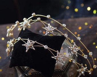 Star Antique Baroque Art Style Classic Royal Gold Diamond Bridal Sweat 16 Prom Tiara Wedding Accessories